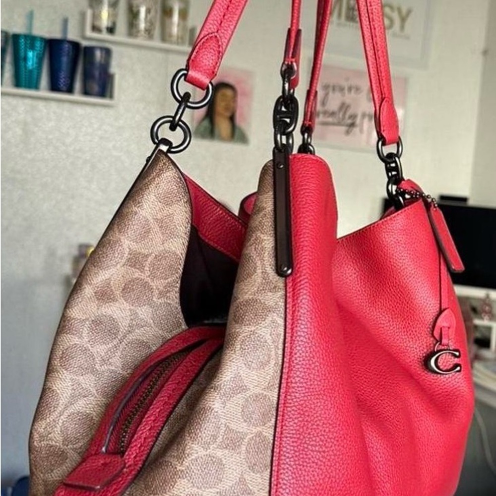 Coach Dalton Pebbled Leather & Signature Tote Bag in Red - Picture 2 of 5